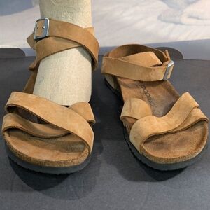 Papillio for Birkenstock 40 brown‎ leather/suede ankle wrap buckle cork sandals